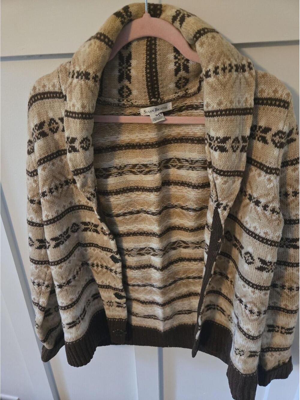 Vintage Susan Bristol 100% Wool Fair Isle Shawl Collar Cardigan M